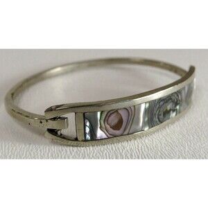 Mexico Silver Cuff hinged Bracelet Abalone shell Inlay Multicolor Size 5"